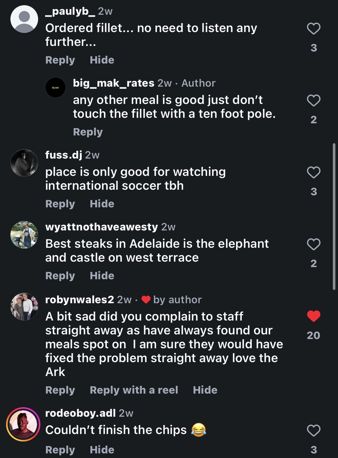 Arkaba comments discussing price, staff and alternative steak venues