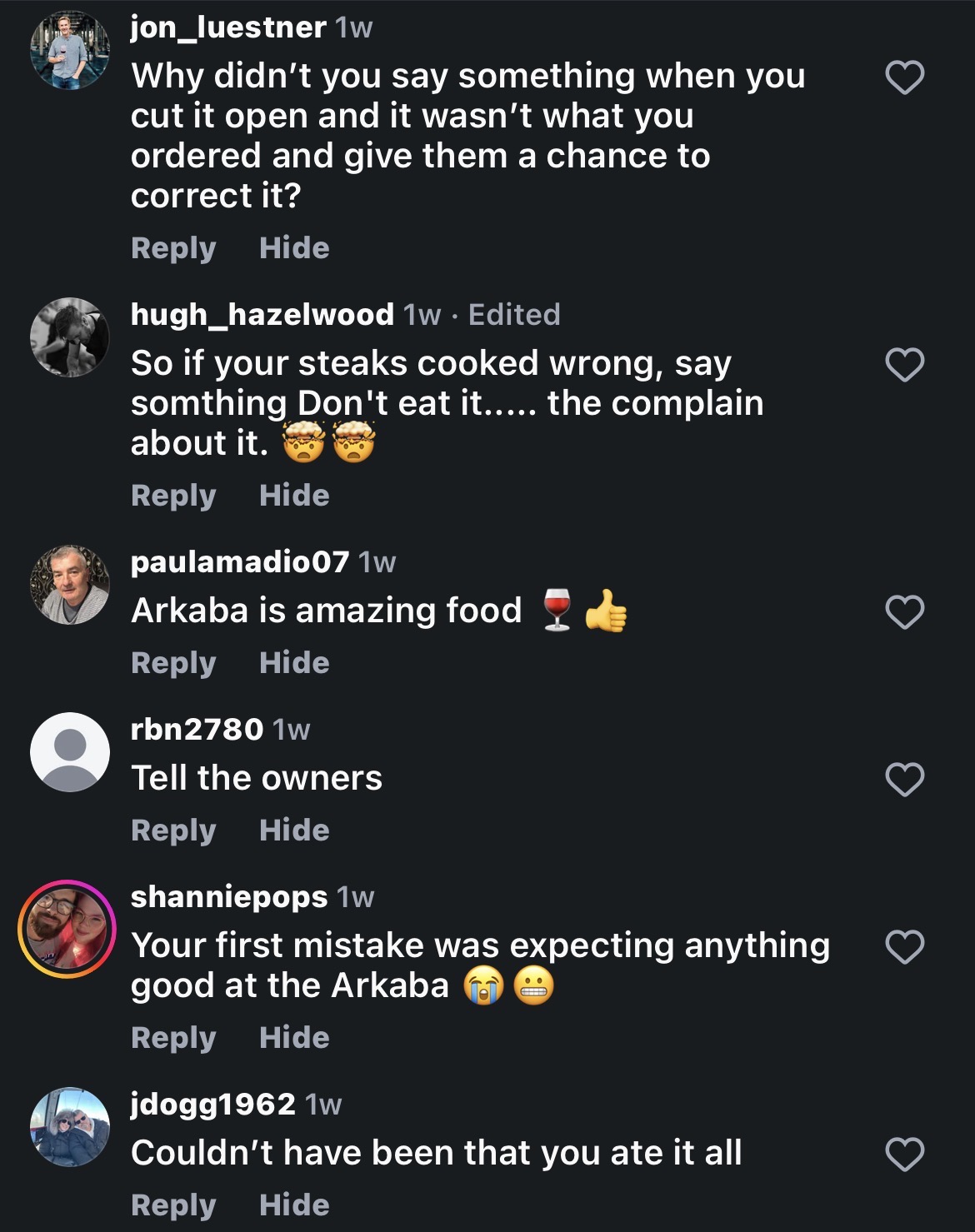 Arkaba comments discussing whether the steak review was fair